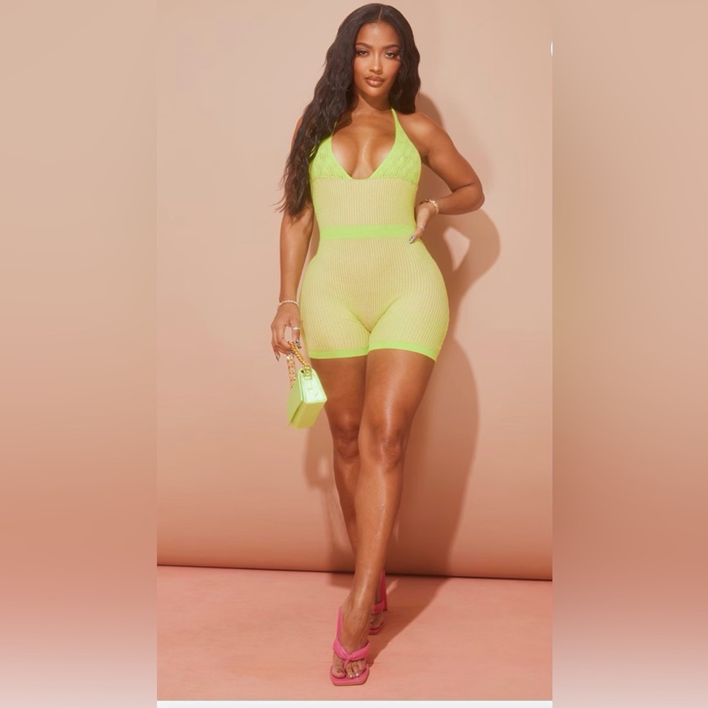Pretty Litle Thing Shape Lime Knit Underbust Detail Unitard Romper Size Small